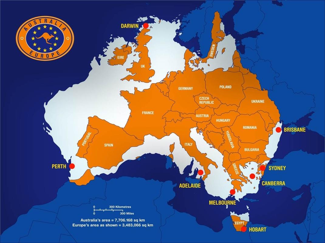 Ausztrália térképe Európa felett (forrás: https://hu.maps-australia.com)