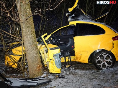 A havas úton csapódott fának egy autó Kunszentmártonnál