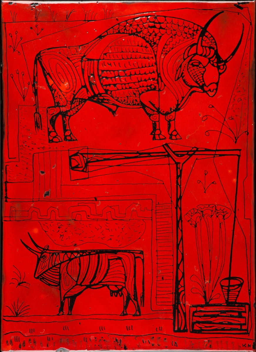 Kátai Mihály: Bika, 1960-as évek (zománcozott acéllemez, 40,5x29 cm, Kecskeméti Katona József Múzeum)