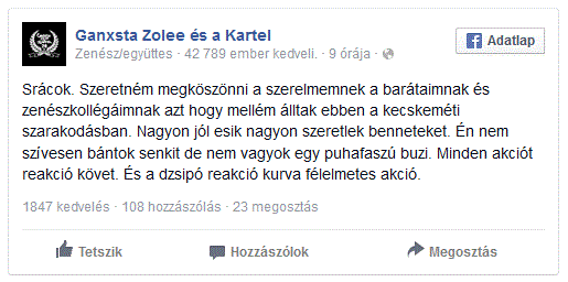 Ganxsta Facebook-posztja a kecskeméti balhéval és a zenésztársak kiállásával kapcsolatban 